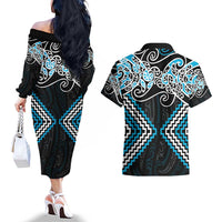 Blue Aotearoa Tukutuku Manawa Tapu Couples Matching Off The Shoulder Long Sleeve Dress and Hawaiian Shirt Ta Moko Toi Maori LT9 - Polynesian Pride