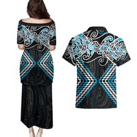 Blue Aotearoa Tukutuku Manawa Tapu Couples Matching Puletasi and Hawaiian Shirt Ta Moko Toi Maori LT9 - Polynesian Pride