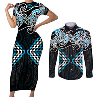 Blue Aotearoa Tukutuku Manawa Tapu Couples Matching Short Sleeve Bodycon Dress and Long Sleeve Button Shirt Ta Moko Toi Maori LT9 Blue - Polynesian Pride