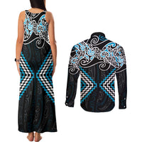 Blue Aotearoa Tukutuku Manawa Tapu Couples Matching Tank Maxi Dress and Long Sleeve Button Shirt Ta Moko Toi Maori LT9 - Polynesian Pride