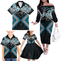 Blue Aotearoa Tukutuku Manawa Tapu Family Matching Off The Shoulder Long Sleeve Dress and Hawaiian Shirt Ta Moko Toi Maori LT9 - Polynesian Pride
