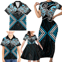 Blue Aotearoa Tukutuku Manawa Tapu Family Matching Short Sleeve Bodycon Dress and Hawaiian Shirt Ta Moko Toi Maori LT9 - Polynesian Pride