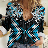 Blue Aotearoa Tukutuku Manawa Tapu Women Casual Shirt Ta Moko Toi Maori LT9 Female Blue - Polynesian Pride