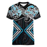 Blue Aotearoa Tukutuku Manawa Tapu Women V-Neck T-Shirt Ta Moko Toi Maori LT9 Female Blue - Polynesian Pride