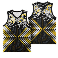 Gold Aotearoa Tukutuku Manawa Tapu Basketball Jersey Ta Moko Toi Maori - Polynesian Pride