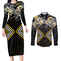 Gold Aotearoa Tukutuku Manawa Tapu Couples Matching Long Sleeve Bodycon Dress and Long Sleeve Button Shirt Ta Moko Toi Maori LT9 Gold - Polynesian Pride