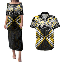 Gold Aotearoa Tukutuku Manawa Tapu Couples Matching Puletasi and Hawaiian Shirt Ta Moko Toi Maori LT9 Gold - Polynesian Pride
