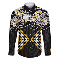 Gold Aotearoa Tukutuku Manawa Tapu Family Matching Off The Shoulder Long Sleeve Dress and Hawaiian Shirt Ta Moko Toi Maori LT9 Dad's Shirt - Long Sleeve Gold - Polynesian Pride
