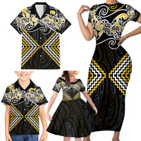 Gold Aotearoa Tukutuku Manawa Tapu Family Matching Short Sleeve Bodycon Dress and Hawaiian Shirt Ta Moko Toi Maori LT9 - Polynesian Pride