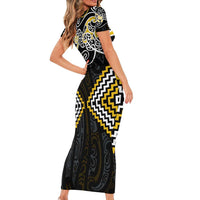 Gold Aotearoa Tukutuku Manawa Tapu Family Matching Short Sleeve Bodycon Dress and Hawaiian Shirt Ta Moko Toi Maori LT9 - Polynesian Pride