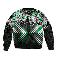 Green Aotearoa Tukutuku Manawa Tapu Bomber Jacket Ta Moko Toi Maori