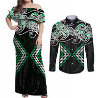 Green Aotearoa Tukutuku Manawa Tapu Couples Matching Off Shoulder Maxi Dress and Long Sleeve Button Shirt Ta Moko Toi Maori LT9 Green - Polynesian Pride