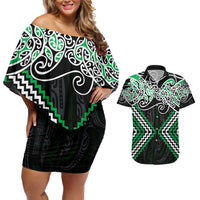 Green Aotearoa Tukutuku Manawa Tapu Couples Matching Off Shoulder Short Dress and Hawaiian Shirt Ta Moko Toi Maori LT9 Green - Polynesian Pride