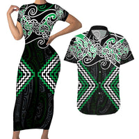 Green Aotearoa Tukutuku Manawa Tapu Couples Matching Short Sleeve Bodycon Dress and Hawaiian Shirt Ta Moko Toi Maori LT9 Green - Polynesian Pride