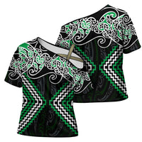 Green Aotearoa Tukutuku Manawa Tapu Cross Shoulder Shirt Ta Moko Toi Maori - Polynesian Pride