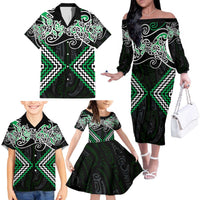 Green Aotearoa Tukutuku Manawa Tapu Family Matching Off The Shoulder Long Sleeve Dress and Hawaiian Shirt Ta Moko Toi Maori LT9 - Polynesian Pride
