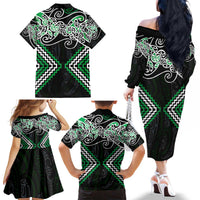 Green Aotearoa Tukutuku Manawa Tapu Family Matching Off The Shoulder Long Sleeve Dress and Hawaiian Shirt Ta Moko Toi Maori LT9 - Polynesian Pride