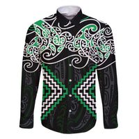 Green Aotearoa Tukutuku Manawa Tapu Family Matching Off Shoulder Maxi Dress and Hawaiian Shirt Ta Moko Toi Maori LT9 Dad's Shirt - Long Sleeve Green - Polynesian Pride