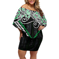 Green Aotearoa Tukutuku Manawa Tapu Family Matching Off Shoulder Short Dress and Hawaiian Shirt Ta Moko Toi Maori LT9 Mom's Dress Green - Polynesian Pride