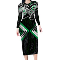 Green Aotearoa Tukutuku Manawa Tapu Long Sleeve Bodycon Dress Ta Moko Toi Maori LT9 Long Dress Green - Polynesian Pride