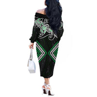 Green Aotearoa Tukutuku Manawa Tapu Off The Shoulder Long Sleeve Dress Ta Moko Toi Maori LT9 - Polynesian Pride