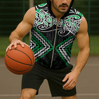 Green Aotearoa Tukutuku Manawa Tapu Sleeveless Zip Hoodie Ta Moko Toi Maori - Polynesian Pride