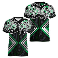 Green Aotearoa Tukutuku Manawa Tapu Women V-Neck T-Shirt Ta Moko Toi Maori LT9 - Polynesian Pride