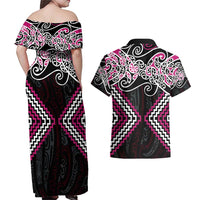 Pink Aotearoa Tukutuku Manawa Tapu Couples Matching Off Shoulder Maxi Dress and Hawaiian Shirt Ta Moko Toi Maori LT9 - Polynesian Pride