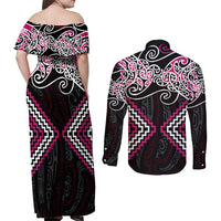 Pink Aotearoa Tukutuku Manawa Tapu Couples Matching Off Shoulder Maxi Dress and Long Sleeve Button Shirt Ta Moko Toi Maori LT9 - Polynesian Pride