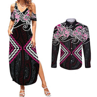 Pink Aotearoa Tukutuku Manawa Tapu Couples Matching Summer Maxi Dress and Long Sleeve Button Shirt Ta Moko Toi Maori LT9 Pink - Polynesian Pride