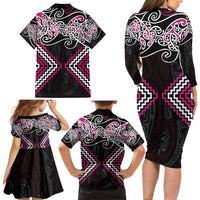 Pink Aotearoa Tukutuku Manawa Tapu Family Matching Long Sleeve Bodycon Dress and Hawaiian Shirt Ta Moko Toi Maori LT9 - Polynesian Pride