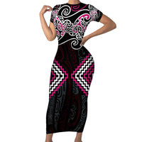 Pink Aotearoa Tukutuku Manawa Tapu Family Matching Short Sleeve Bodycon Dress and Hawaiian Shirt Ta Moko Toi Maori LT9 Mom's Dress Pink - Polynesian Pride