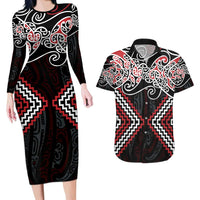 Red Aotearoa Tukutuku Manawa Tapu Couples Matching Long Sleeve Bodycon Dress and Hawaiian Shirt Ta Moko Toi Maori LT9 Red - Polynesian Pride