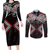 Red Aotearoa Tukutuku Manawa Tapu Couples Matching Long Sleeve Bodycon Dress and Long Sleeve Button Shirt Ta Moko Toi Maori LT9 Red - Polynesian Pride