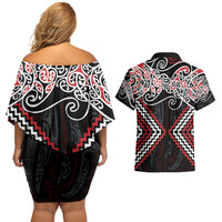 Red Aotearoa Tukutuku Manawa Tapu Couples Matching Off Shoulder Short Dress and Hawaiian Shirt Ta Moko Toi Maori LT9 - Polynesian Pride