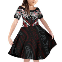 Red Aotearoa Tukutuku Manawa Tapu Family Matching Off Shoulder Short Dress and Hawaiian Shirt Ta Moko Toi Maori LT9 Daughter's Dress Red - Polynesian Pride