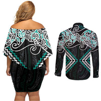 Turquoise Aotearoa Tukutuku Manawa Tapu Couples Matching Off Shoulder Short Dress and Long Sleeve Button Shirt Ta Moko Toi Maori LT9 - Polynesian Pride