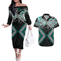 Turquoise Aotearoa Tukutuku Manawa Tapu Couples Matching Off The Shoulder Long Sleeve Dress and Hawaiian Shirt Ta Moko Toi Maori LT9 Turquoise - Polynesian Pride