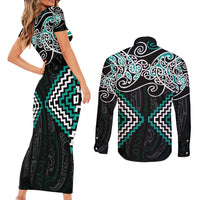 Turquoise Aotearoa Tukutuku Manawa Tapu Couples Matching Short Sleeve Bodycon Dress and Long Sleeve Button Shirt Ta Moko Toi Maori LT9 - Polynesian Pride