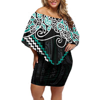 Turquoise Aotearoa Tukutuku Manawa Tapu Family Matching Off Shoulder Short Dress and Hawaiian Shirt Ta Moko Toi Maori LT9 Mom's Dress Turquoise - Polynesian Pride
