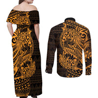 Gold Couple Dolphins Maori Polynesian Style Couples Matching Off Shoulder Maxi Dress and Long Sleeve Button Shirt