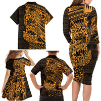 Gold Couple Dolphins Maori Polynesian Style Family Matching Long Sleeve Bodycon Dress and Hawaiian Shirt LT9 - Polynesian Pride