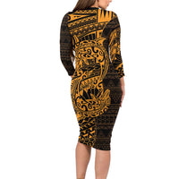 Gold Couple Dolphins Maori Polynesian Style Family Matching Long Sleeve Bodycon Dress and Hawaiian Shirt LT9 - Polynesian Pride
