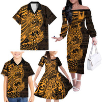 Gold Couple Dolphins Maori Polynesian Style Family Matching Off The Shoulder Long Sleeve Dress and Hawaiian Shirt LT9 - Polynesian Pride