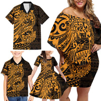 Gold Couple Dolphins Maori Polynesian Style Family Matching Off Shoulder Short Dress and Hawaiian Shirt LT9 - Polynesian Pride