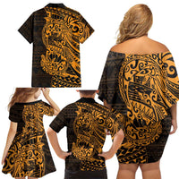 Gold Couple Dolphins Maori Polynesian Style Family Matching Off Shoulder Short Dress and Hawaiian Shirt LT9 - Polynesian Pride