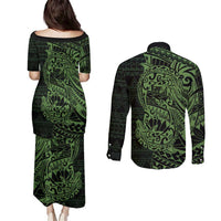 Green Couple Dolphins Maori Polynesian Style Couples Matching Puletasi and Long Sleeve Button Shirt