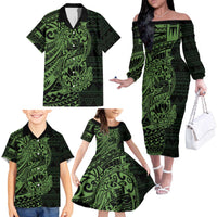 Green Couple Dolphins Maori Polynesian Style Family Matching Off The Shoulder Long Sleeve Dress and Hawaiian Shirt LT9 - Polynesian Pride