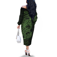 Green Couple Dolphins Maori Polynesian Style Family Matching Off The Shoulder Long Sleeve Dress and Hawaiian Shirt LT9 - Polynesian Pride
