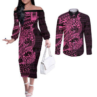 Pink Couple Dolphins Maori Polynesian Style Couples Matching Off The Shoulder Long Sleeve Dress and Long Sleeve Button Shirt